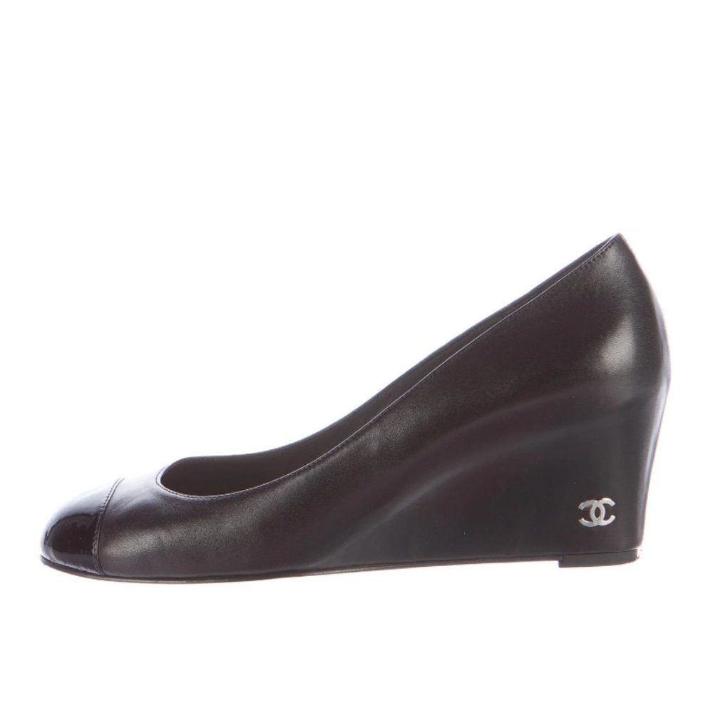 CHANEL Black Cap Toe Wedge Pumps